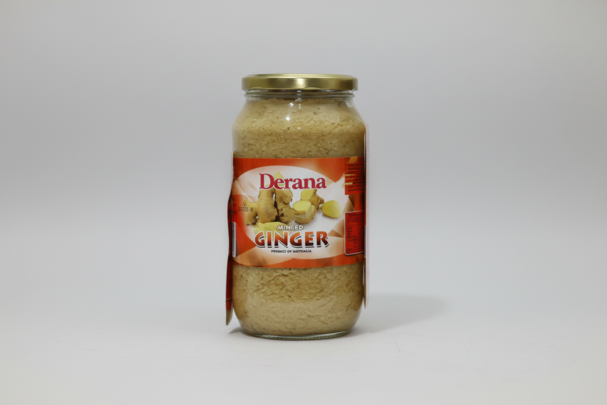 Jar of minced ginger with Derana label on a white background