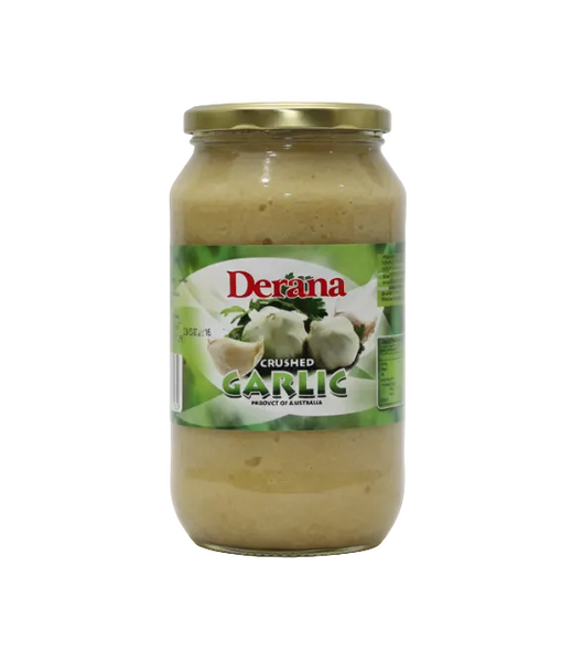 Jar of Derana crushed garlic on a white background